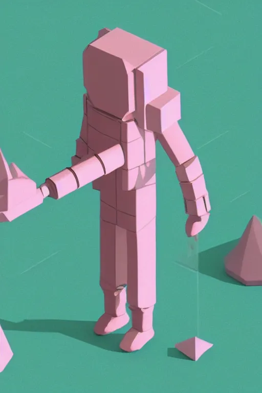 Image similar to A pastel pink low poly astronaut in an pastel green isometric room. .