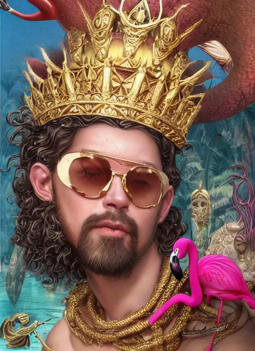 Prompt: muscular Atlantean king grinning and wearing cholo sunglasses and a heavy bejeweled gold crown reclining poolside with a beautiful flamingo, steelpunk, ghibli studio, nekro, Tom Bagshaw, Craig Mullins, octane 8k, by brian froud, Trending on ArtStation