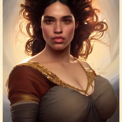 Image similar to portrait of a beautiful thick female, alexandria ocasio-cortez face, D&D, fantasy, intricate, elegant, highly detailed, digital painting, artstation, concept art, smooth, sharp focus, illustration, art by artgerm and greg rutkowski and alphonse mucha