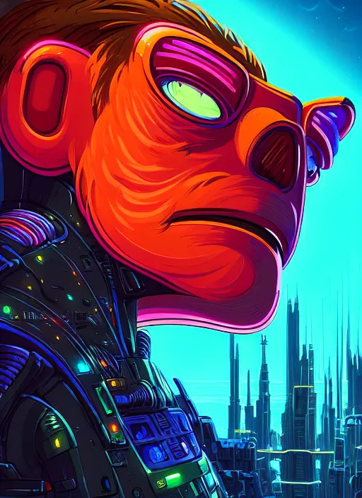 Image similar to portrait philip j. fry from futurama inside an scifi tentacles wires futuristic city, beautiful neon cats, cinematic, highly detailed, photorealistic, rich bright colors, trending on artstation, giger, tsutomu nihei, trending on cgsociety, awe inspiring bruce pennington cityscape, digital art painting of 1 9 6 0 s