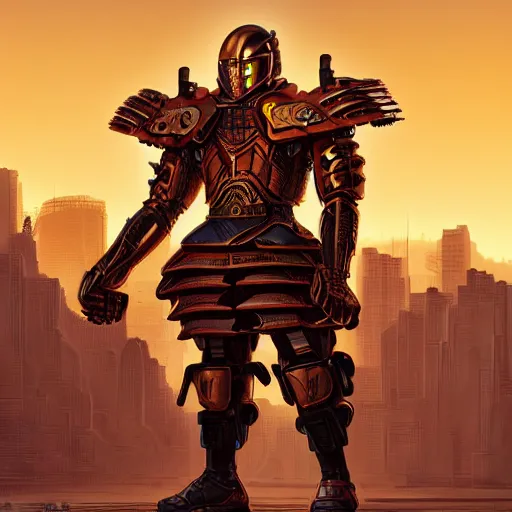 Image similar to samurai cyborg, armor designed by jony ive in cybercity, golden hour, poster by michael whelan and gilbert williams and evgeny lushpin and artgerm and alena aenami, 3 0 mm, well proportioned, highly detailed, rule of thirds, long exposure