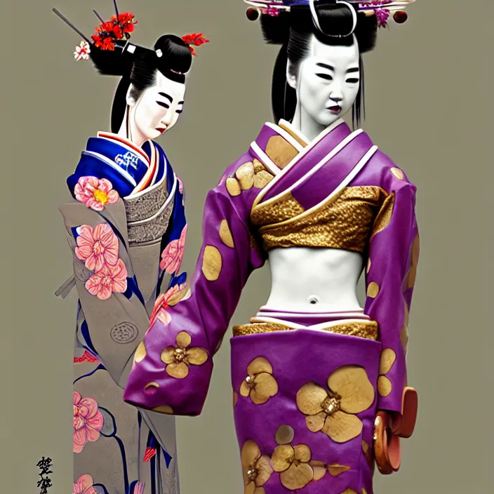 Prompt: ceramic cyborg geisha, ceramic armor with Kakiemon design with plums and stylized flowers in glaze and gilding, diffuse lighting, fantasy, intricate, elegant, highly detailed, lifelike, photorealistic, digital painting, artstation, illustration, concept art, smooth, sharp focus, art by John Collier and Albert Aublet and Krenz Cushart and Artem Demura and Alphonse Mucha