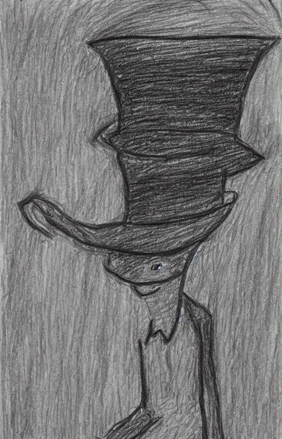 Prompt: drawing made by a child of a demonic fully black shadowy entity wearing a tophat in a hallway, crayon drawing, drawn by child, simplified form, stick figure