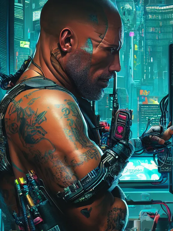 Image similar to a cyberpunk 2077 portrait of Dwayne Johnson put his arms around a female android , complex mess of cables and wires behind them connected to giant computer, love,film lighting, by laurie greasley,Lawrence Alma-Tadema,William Morris,Dan Mumford, trending on atrstation, full of color, highly detailed,8K, octane, Digital painting,golden ratio,cinematic lighting