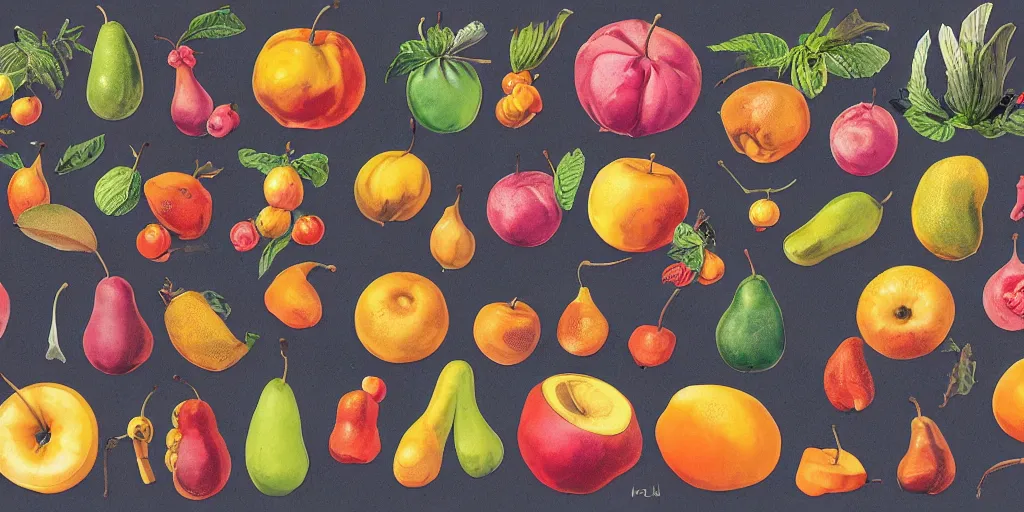 Prompt: full color page scan of various vintage imaginal fruit illustrations on black background, in matte painting, 2 d, kitbash, 4 k