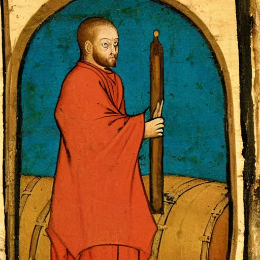 Image similar to medieval painting of a monk next to a barrel