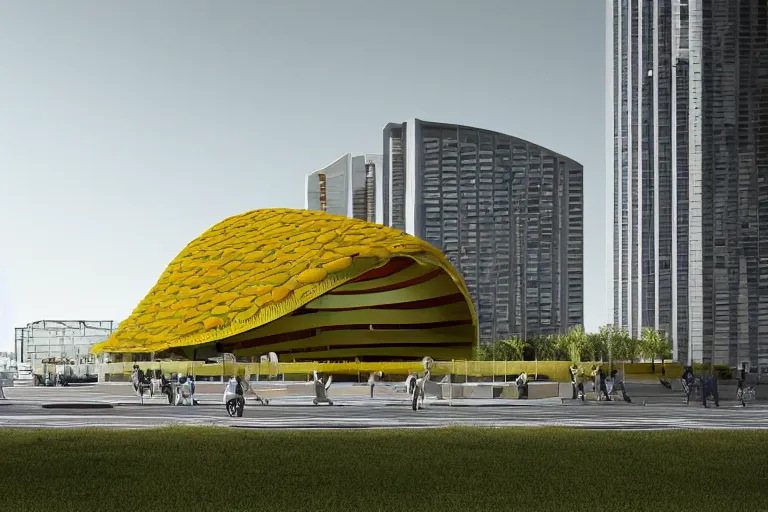 Prompt: architecture concept of a building shaped like a banana, architecture magazine, detailed render