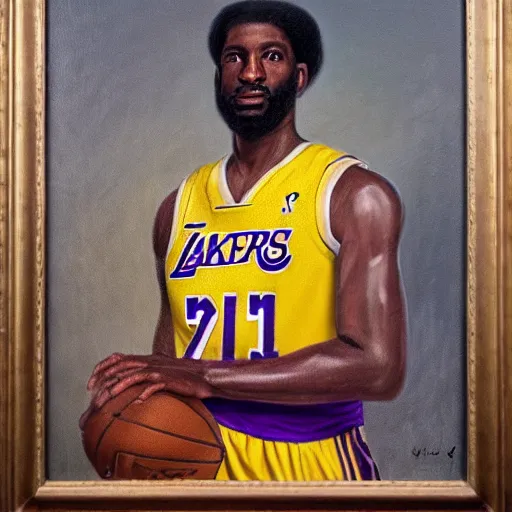 Image similar to official portrait of the los angeles lakers dictator, 1 7 8 0, in full lakers military garb. oil on canvas by william sidney mount, oil on canvas, octane render