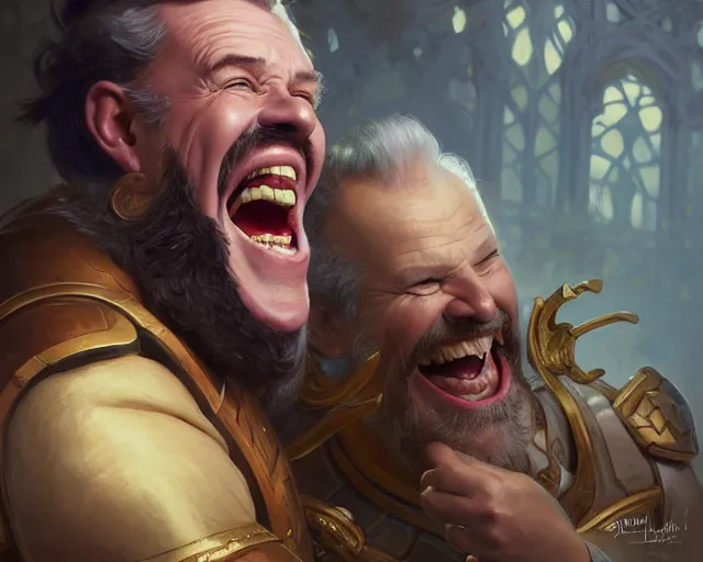 Image similar to david lister laughing at arnold rimmer, deep focus, d & d, fantasy, intricate, elegant, highly detailed, digital painting, artstation, concept art, matte, sharp focus, illustration, hearthstone, art by artgerm and greg rutkowski and alphonse mucha