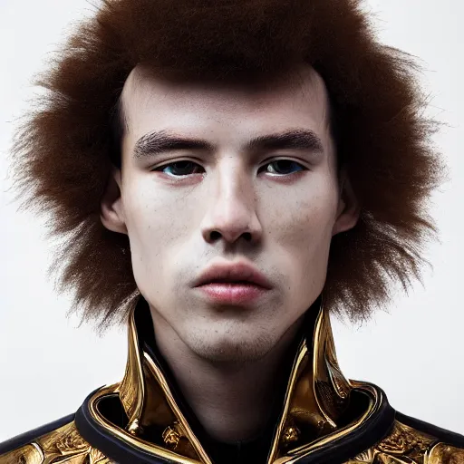 Image similar to a portrait of a beautiful young male wearing an alexander mcqueen bodysuit made of ceramic , photographed by andrew thomas huang, artistic