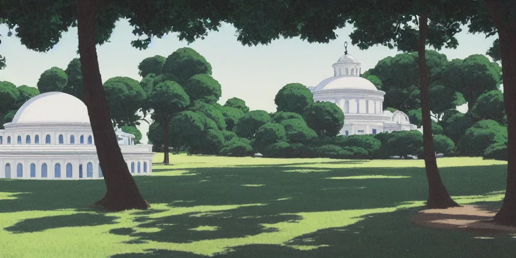 Image similar to A mysterious and godly domed white building in a city park, by Studio Ghibli and Edward Hopper