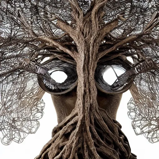 Image similar to a human man statue encased by a cosmic tree, a sense of awe, amazement, monogon, plasma display, wooden, silver, mercury, damascus, armature wire, multiscopy, morph, in a symbolic and meaningful style, insanely detailed and intricate, hypermaximalist, elegant, ornate, hyper realistic, super detailed,