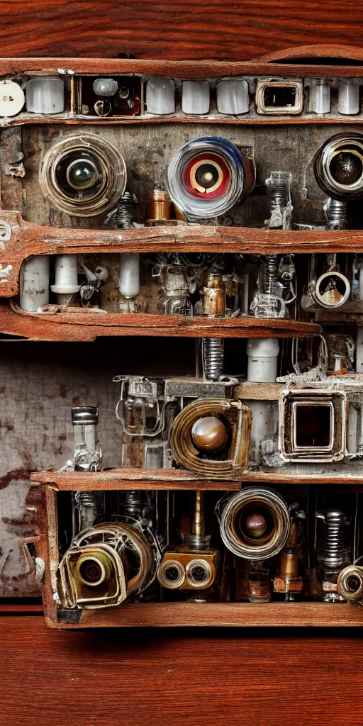 Image similar to A photo of a very old opened camera with vacuum tubes, film, capacitors and coils inside, on an old wooden table by Annie Lebovitz, Laura Letinsky and Steve McCurry, grungy, weathered Ultra detailed, hyper realistic, 4k