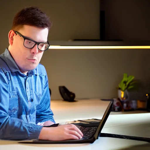 Prompt: a young man called richard being slightly obese sitting in front of hos lenovo thinkpad laptop and talking to himself