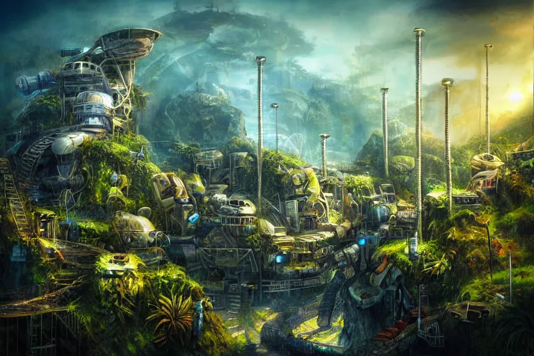 Image similar to sci - fi favela sculpture, fantasy jungle environment, industrial factory, cliffs, sunny, milky way, award winning art, epic dreamlike fantasy landscape, ultra realistic,