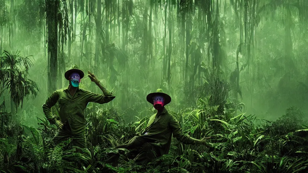 Image similar to snake oil saleman demigod with neon green mask in a swampy jungle landscape, visible sky and humid atmosphere, the salesman's dream by alejandro jodorowsky and denis villeneuve, kodakchrome, cinematic composition, practical effects, 8 k