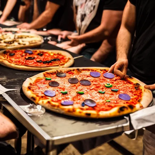 Prompt: pizza party at a metal concert held in cyblerspace