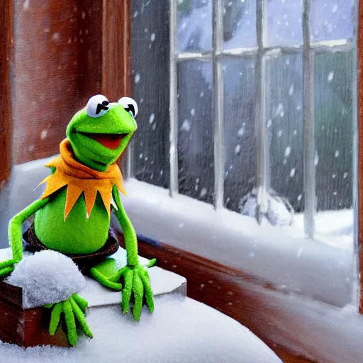 Image similar to Kermit the frog sits as it snows in the interior of a bourgeoise room, Still life with snow.