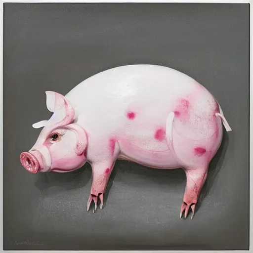 Image similar to “pig paintings and pig sculptures in a pig art gallery, pork, ikebana white flowers, white wax dripping, squashed raspberry stains, acrylic and spray paint and oilstick on canvas, by munch and Dali”