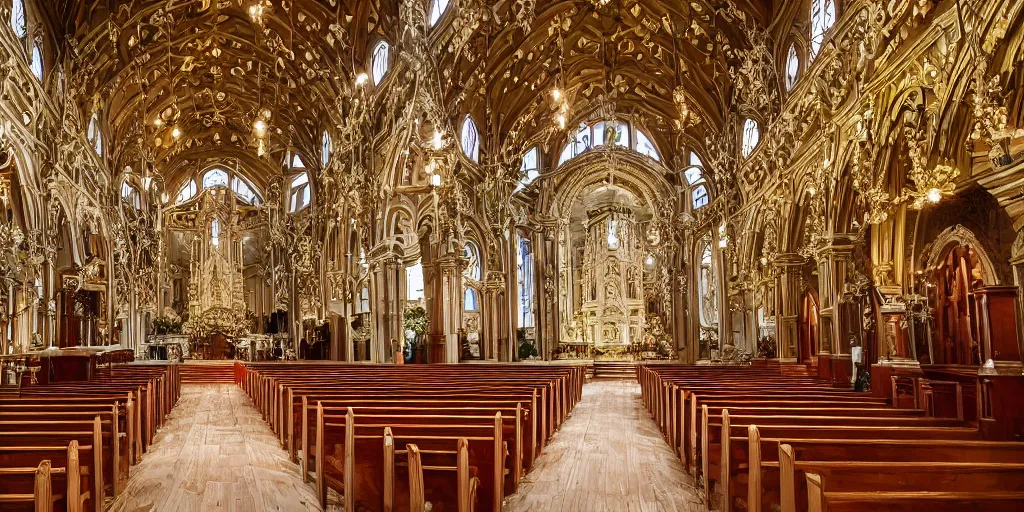Prompt: the interior of an elegant church filled with detailed ornaments, fantasy, intricate, elegant, modern photo