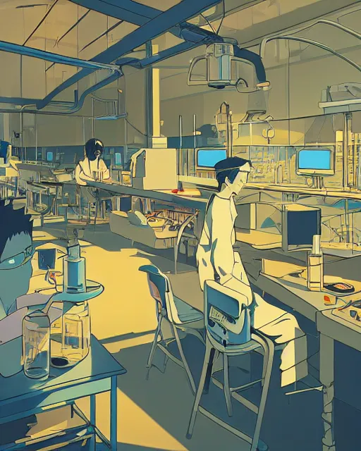 Image similar to science lab. clean cel shaded vector art. illustration art by makoto shinkai and and john berkey