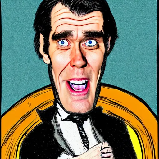 Image similar to jim carrey caricature realism, in the style of james gillray!