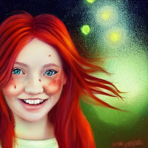 Image similar to portrait of a red haired girl softly smiling among fireflies, with long hair, green eyes, round face, hint of freckles, her head is tilted and she loves the wonderful lights colorful hyper realistic art