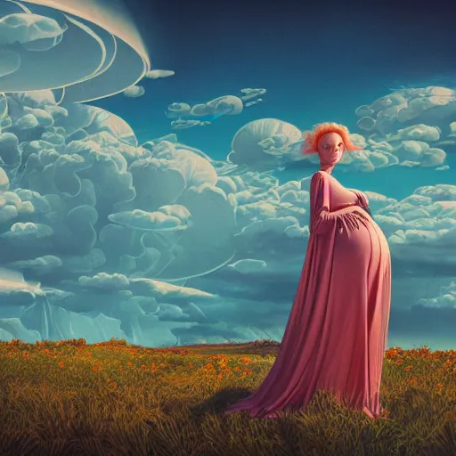 Prompt: pretty pregnant model with clouds : : by martine johanna and simon stalenhag and chie yoshii and casey weldon and wlop : : ornate, dynamic, particulate, rich colors, intricate, elegant, highly detailed, vogue, harper's bazaar art, fashion magazine, smooth, sharp focus, 8 k, octane render