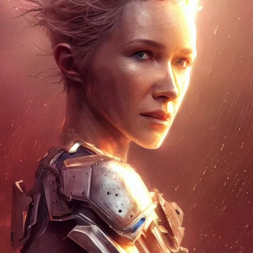 Image similar to naomi watts portrait, dystopia core, apocalyptic, armor, warrior, dramatic, sharp focus, fiction, neon, fantasy, hyper detailed, digital art, trending in artstation, cinematic lighting, studio quality, smooth render, unreal engine 5 rendered, octane rendered, art style and nixeu and wlop and krenz cushart