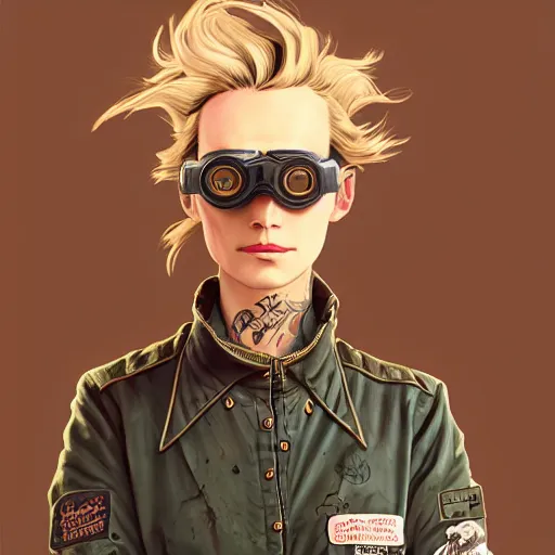 Prompt: tattooed stoic heroic emotionless butch blonde woman aviator with short slicked - back hair, wearing dark - lensed victorian goggles, wearing distressed dirty ripped flight suit, moebius, rough paper, behance hd by jesper ejsing, by rhads, makoto shinkai and lois van baarle, ilya kuvshinov, rossdraws global illumination.