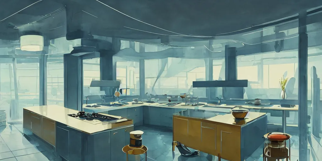 Image similar to a beautiful illustration of futuristic kitchen, lots of furniture, big medium small, sacred geometry, golden ratio, in watercolor gouache detailed paintings, in style of syd mead, trending on artstation, 8 k, panel, hard surface, wallpaper, zaha hadid, scattered props, plant, cozy, decoration, simon stalenhag, wes anderson