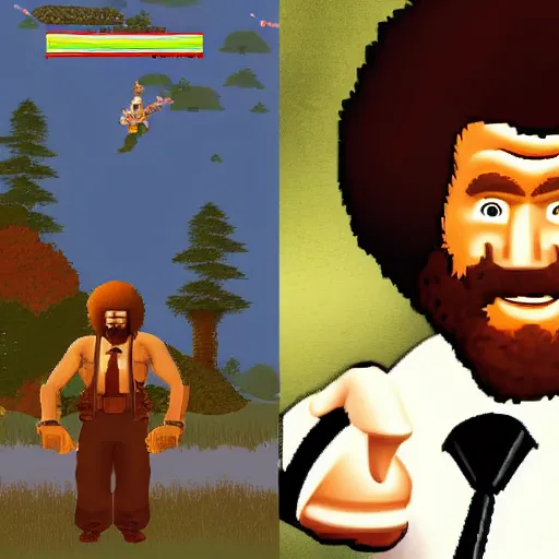 Image similar to bob ross in the style of duke nukem, full body, holding machine guns in both hands, fighting monsters