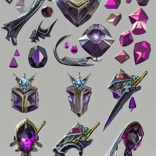 Prompt: concept art of eight rare gems, gems, diamonds, crystal, rare, fantasy, behance, pinterest, deviantart, artstation, weapons concept art, design, rpg, weapon, detailed, digital art, incredible, digital painting