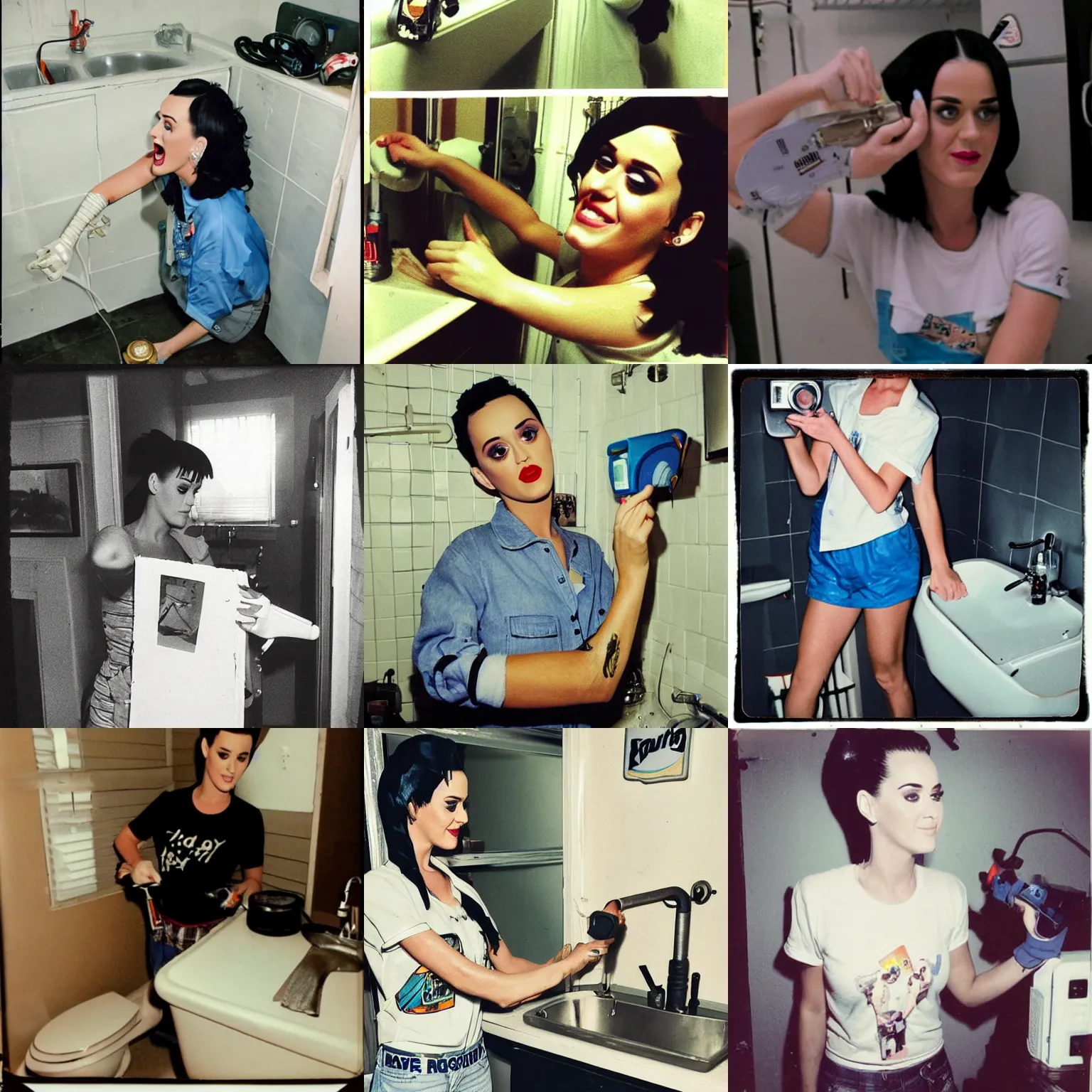 Prompt: katy perry fixing a leaking sink, wearing old shirt, using a wrench, polaroid photo