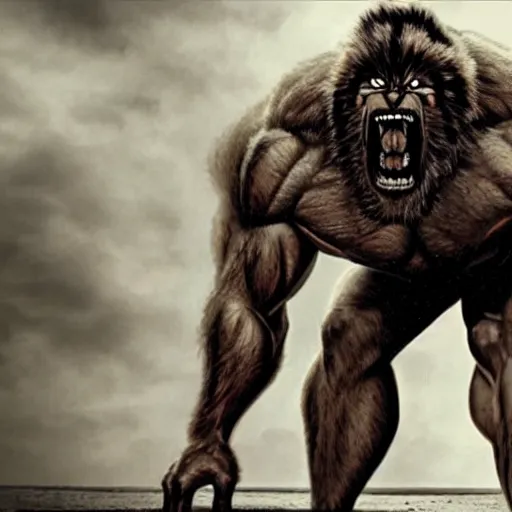 Prompt: a steroids werewolf with absurdly big muscles, intense expression, film still