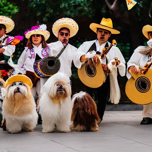 Prompt: a cream-colored Havanese shih tzu dogs dressed as mariachi musicians playing in a mariachi dog band, at fiesta in Mexico, Leica 35mm, 4K