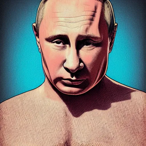 Prompt: putin as fat guy with a stained tshirt. close up, focus on manboobs. smooth instagram photo, 4k, intricate details, detailed face, detailed illustration, impressive lighting, symmetrical features, ultra detailed