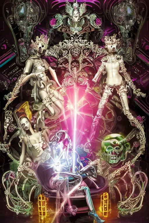 Image similar to full-body rococo and cyberpunk style neon statue of a young attractive portugues macho dotado e rico android sim roupa reclining con piroca dura, glowing white laser eyes, prince crown of pink gears, diamonds, swirling silver-colored silk fabric. futuristic elements. full-length view. space robots. human skulls. intricate artwork by caravaggio. Trending on artstation, octane render, cinematic lighting from the right, hyper realism, octane render, 8k, depth of field, 3D