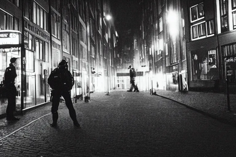 Prompt: photography of a hacker being arrested in amsterdam at night, cyberpunk, neon lights, frank miller, henri cartie bresson