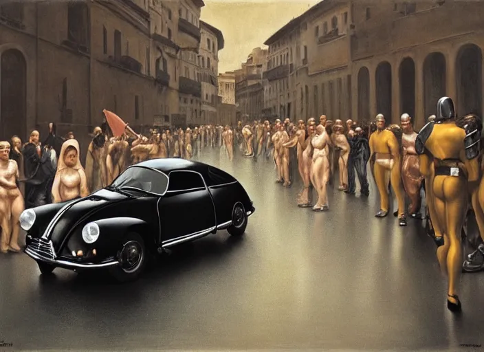 Image similar to knight in armor, st. vitus'dance at a black 1 9 5 5 citroen ds 1 9 with the headlights on, parked on the side of the road in the city of rome while it is raining, by george tooker, moody, sinister, lighting, hyperrealistic