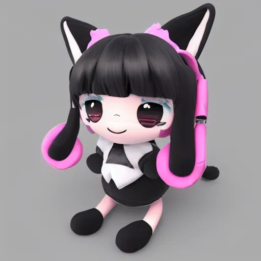 Prompt: cute fumo plush of a popstar wolf girl, anime girl, idol, headphones, tomboy, artstation, bubblegum pop, black and white, snowing, canine, v sign, vray