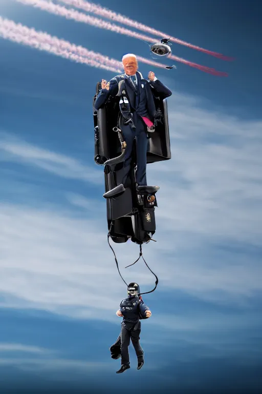 Image similar to joe biden flying with jet pack, hdr, d n d, photorealistic, cinematic, smooth, 4 k, aesthetic lighting, baroque object, sharp focus, hyperdetailed, featured face details, tumblr trending, with small object details, winning pullitzer award photo by : canon eos 5 d mark iv, by karah mew and adnan abidi and jodie bateman