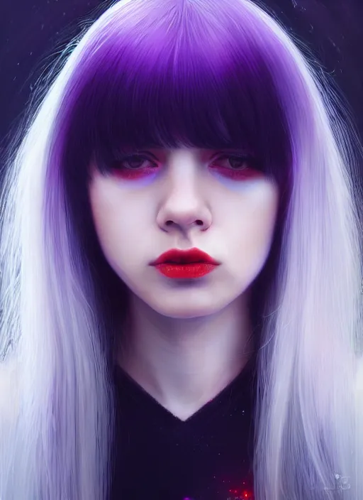 Image similar to hair whitebangs hair, black hair, whitebangs, portrait of teenage girl with white bangs, red irises, purple clothes, white bangs, bangs are different color from hair, intricate, elegant, glowing lights, highly detailed, digital painting, artstation, concept art, smooth, sharp focus, illustration, art by wlop, mars ravelo and greg rutkowski