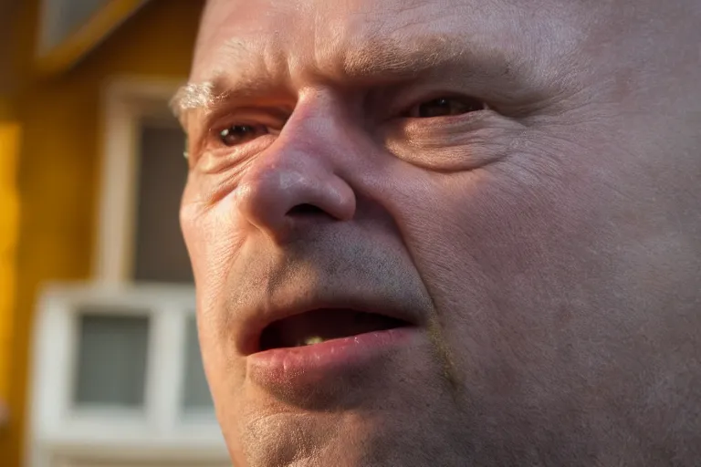 Image similar to movie scene portrait closeup, real life homer simpson in front of house, natural lighting by emmanuel lubezki