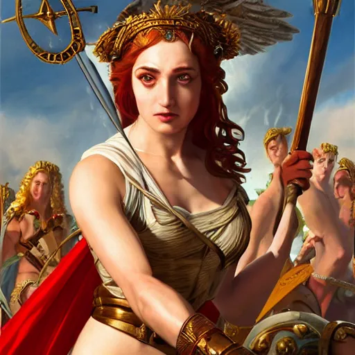 Image similar to Greek goddess Athena fighting with stupidity, stupidity is represented by horde of internet influencers, realistic person, spear in the right hand, long hair, detailed body and face, natural look, realistic photography, hyper realistic, Raphael Santi style, highly detailed, 4k, battle landscape, high quality image, couraging and atmospheric composition