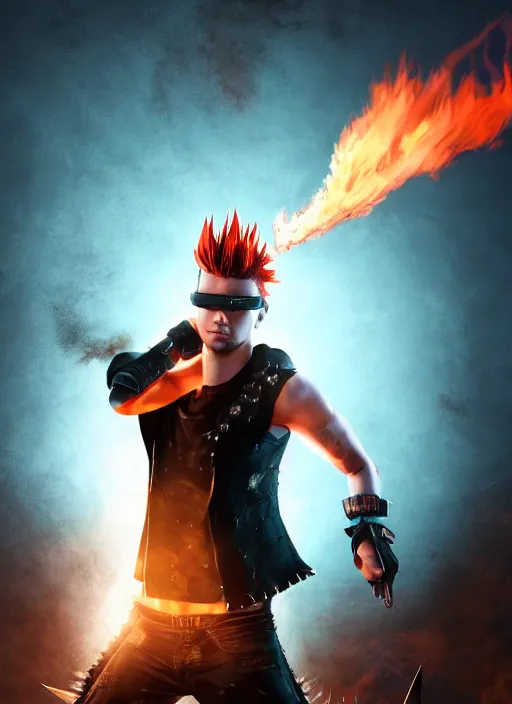 Image similar to An epic fantasy comic book style portrait painting of young man with long red spiked hair. Blasting fire on his hands. Wearing a black waistcoat, white shirt, using googles. Unreal 5, DAZ, hyperrealistic, octane render, cosplay, RPG portrait, dynamic lighting