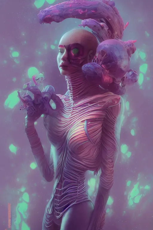 Image similar to digital portrait of an eloquent alien plant queen, straight on, full body character concept art, concept art, by artgerm, tom bagshaw, gerald brom, vaporwave colors, lo fi colors, vaporwave, lo fi, 4 k, hd, rendered with substance designer, small details,