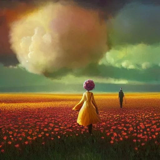 Image similar to giant daisy flower as a head, girl walking in flower field, surreal photography, sunrise, dramatic light, impressionist painting, colorful clouds, digital painting, artstation, simon stalenhag