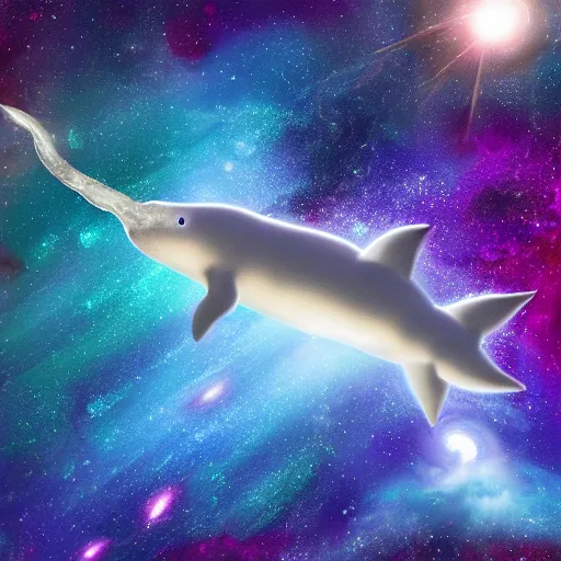 Prompt: digital illustion of a majestic cosmic narwhal swimming through a nebula in space, deviantArt, artstation, artstation hq, hd, 4k resolution