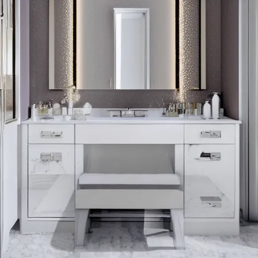 Image similar to a luxury bathroom vanity with makeup bottles, vogue magazine, photo, 4 k